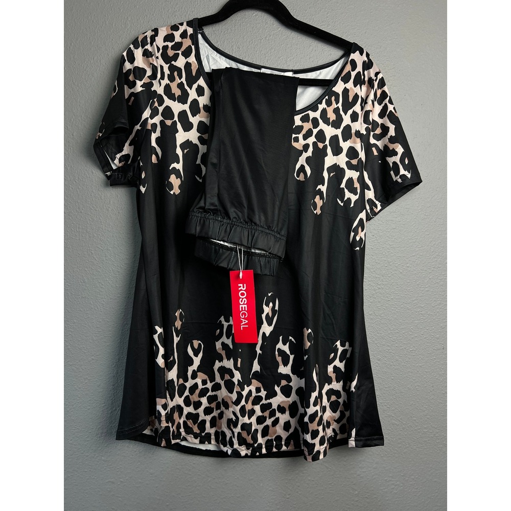 Rosegal Womens 1X Leopard Print 2 Piece Set Tunic Top and‎ Leggings Black New